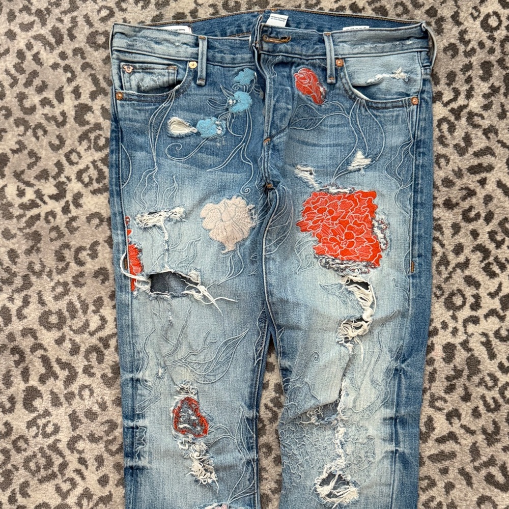 True Religion Blue Embroidered Boyfriend Jeans
